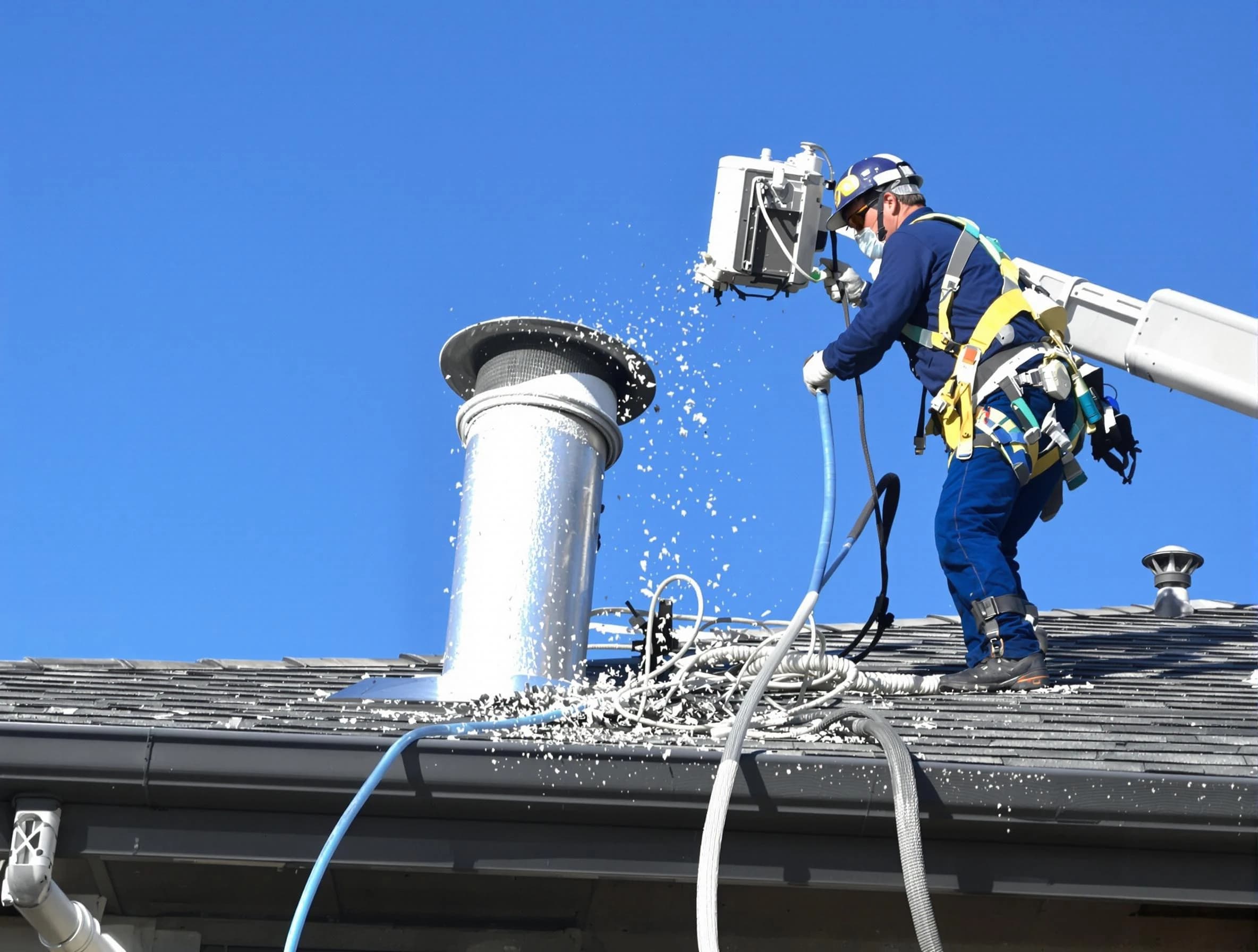 Tyrone Dryer Vent Cleaning certified technician safely cleaning a roof-mounted dryer vent in Tyrone