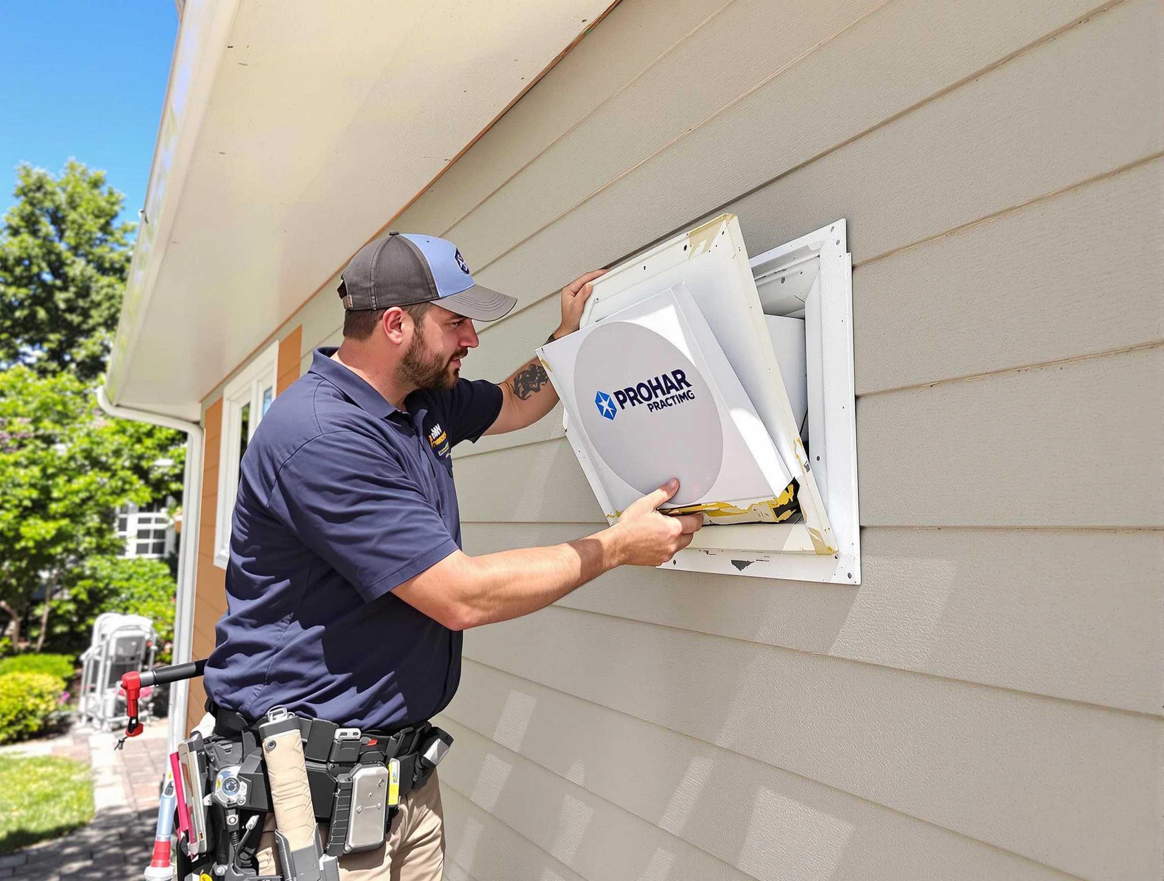 Tyrone Dryer Vent Cleaning technician installing a new protective dryer vent cover on a home in Tyrone