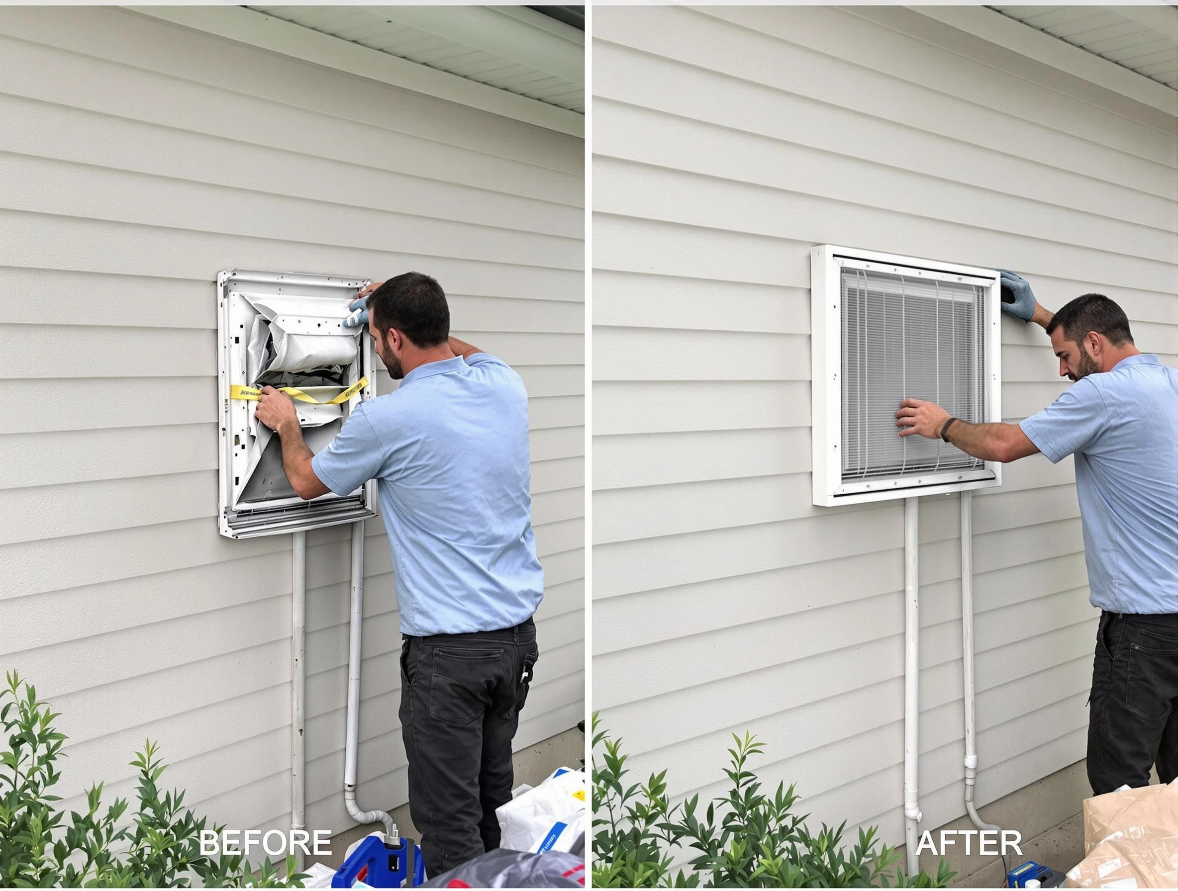 Tyrone Dryer Vent Cleaning technician installing high-quality dryer vent cover at a residential property in Tyrone